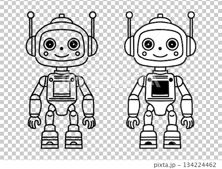可愛的機器人黑白向量插圖（線稿和著色） 134224462