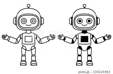 かわいいロボットの白黒ベクターイラスト(線画と塗りあり) かわいいロボットの白黒ベクターイラスト(線画と塗りあり) 134224463