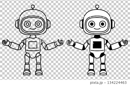 かわいいロボットの白黒ベクターイラスト(線画と塗りあり) かわいいロボットの白黒ベクターイラスト(線画と塗りあり) 134224463