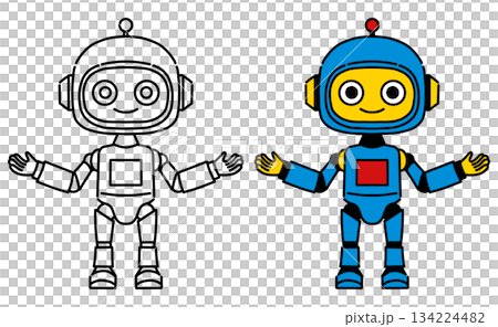 Cute bipedal robot line drawing and color illustration set 134224482