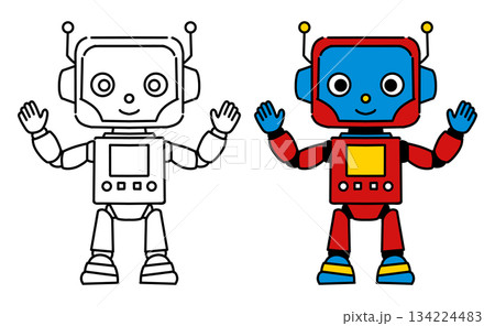 かわいい二足歩行ロボットの線画とカラーイラストセット 134224483
