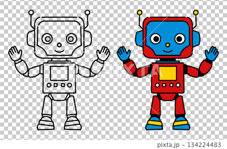 かわいい二足歩行ロボットの線画とカラーイラストセット 134224483