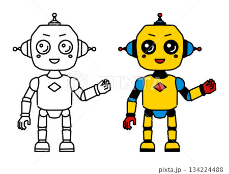 かわいい二足歩行ロボットの線画とカラーイラストセット 134224488