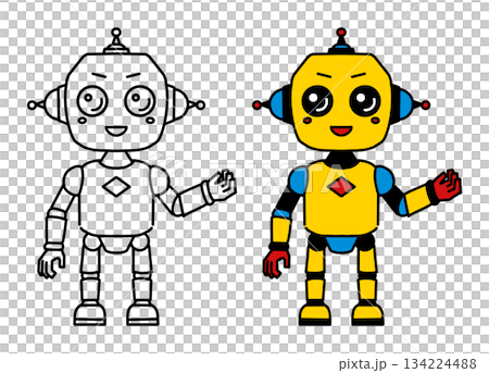 かわいい二足歩行ロボットの線画とカラーイラストセット 134224488