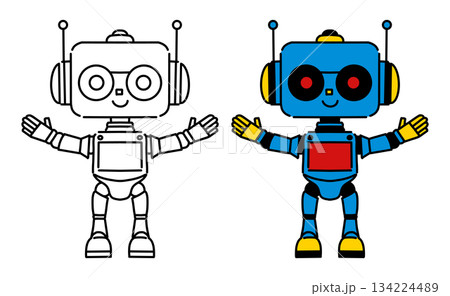 かわいい二足歩行ロボットの線画とカラーイラストセット 134224489