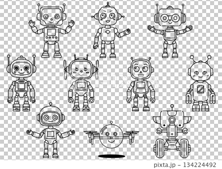Cute robot character line drawing illustration set Cute robot character line drawing illustration set 134224492