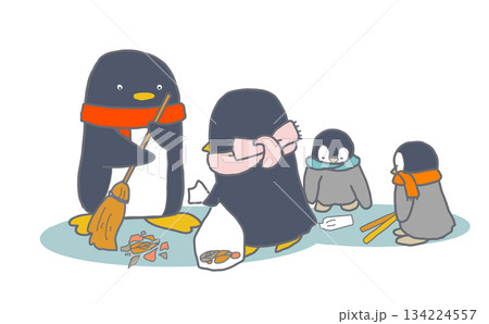 ゴミ拾い、清掃活動をしているペンギンたちのイラスト 134224557