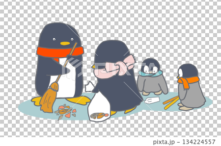 Illustration of penguins picking up trash and cleaning up 134224557