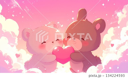 Cute baby bunny with a pink cartoon heart illustration for a sweet birthday or Valentine's Day greeting card design 134224593