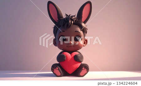 Little girl with pink hair holding a red heart symbol for Valentine's Day love and happiness 134224604