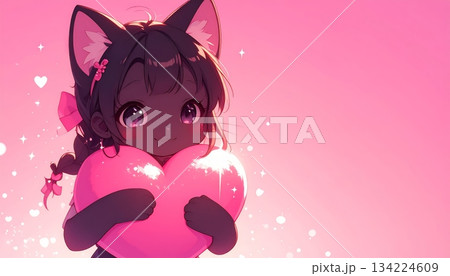 Little girl with pink hair holding a red heart symbol for Valentine's Day love and happiness Little girl with pink hair holding a red heart symbol for Valentine's Day love and happiness 134224609