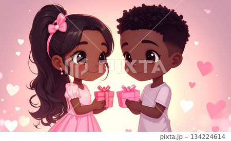 Cartoon vector illustration of a boy and girl couple smiling with a heart design, suitable for love, romance, wedding, or Valentine's Day 134224614