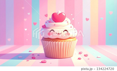 Vintage vector illustration of a sweet birthday cupcake with a pink ribbon, cream, and heart design, perfect for a celebration party card 134224720