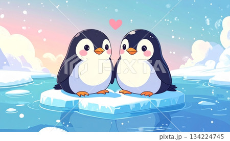 Two cute cartoon penguins on the ice for a fun Christmas holiday card design 134224745