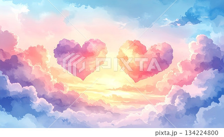 Abstract watercolor background with romantic blue hearts and love symbols floating like clouds in the summer sky for a Valentine's Day card design concept 134224800