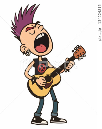 Cartoon illustration of a punk rock musician playing an electric guitar 134224816