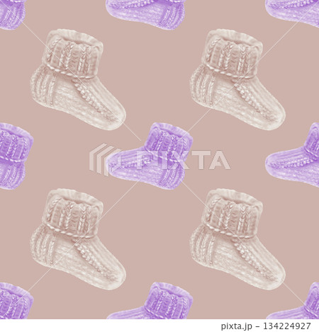Beige and purple knitted socks in seamless pattern for World Prematurity Day awareness.Watercolor illustration for baby products,charity projects,medical campaigns,supportive social media content 134224927