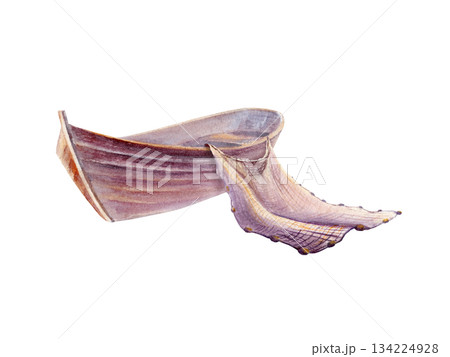 Weathered wooden fishing boat with discarded fishing net glows in sunset tones of pink,purple and gold light.Hand drawn illustration in soft watercolor gradients,gentle textures,for coastal branding Weathered wooden fishing boat with discarded fishing net glows in sunset tones of pink,purple and gold light.Hand drawn illustration in soft watercolor gradients,gentle textures,for coastal branding 134224928