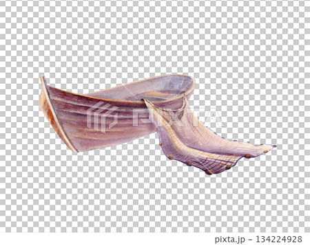 Weathered wooden fishing boat with discarded fishing net glows in sunset tones of pink,purple and gold light.Hand drawn illustration in soft watercolor gradients,gentle textures,for coastal branding Weathered wooden fishing boat with discarded fishing net glows in sunset tones of pink,purple and gold light.Hand drawn illustration in soft watercolor gradients,gentle textures,for coastal branding 134224928
