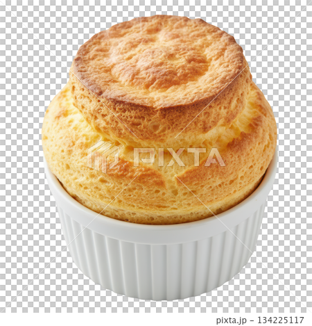 Savory golden cheese souffle, perfectly risen and baked in white ramekin. classic gourmet French dish 134225117