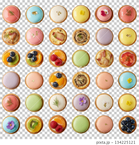 Delightful colorful assortment of tartlet pastry confectionery. Savory appetizer and sweet dessert for any party 134225121