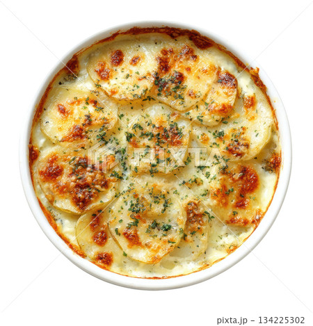 Comforting potato gratin dauphinois with cream, garlic, and cheese, baked until bubbly and caramelized from top view Comforting potato gratin dauphinois with cream, garlic, and cheese, baked until bubbly and caramelized from top view 134225302