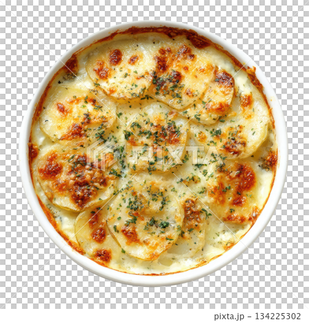 Comforting potato gratin dauphinois with cream, garlic, and cheese, baked until bubbly and caramelized from top view Comforting potato gratin dauphinois with cream, garlic, and cheese, baked until bubbly and caramelized from top view 134225302