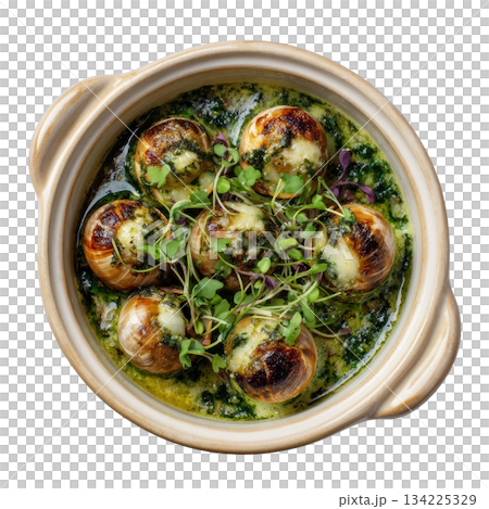 Appetizing Escargots de Bourgogne snails in garlic parsley butter, classic French dish served in ceramic pot 134225329