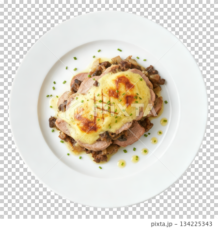 Classic Veal Orloff delicious french dish. Sliced veal layered with mushroom and onion in savory mornay sauce 134225343