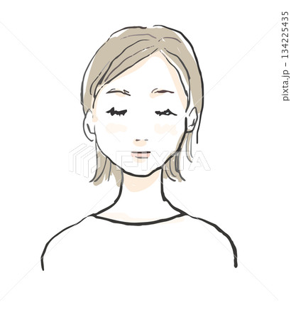 目をつぶる女性のイラスト　洗顔、美容、マッサージ	 134225435