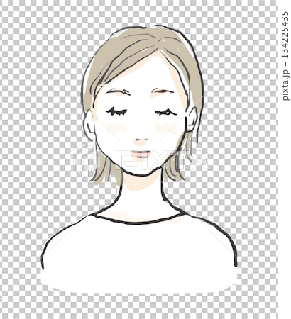 目をつぶる女性のイラスト　洗顔、美容、マッサージ	 134225435