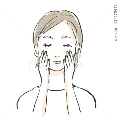 頬に手をあてる女性のイラスト　洗顔、美容、マッサージ 134225436