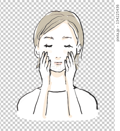 頬に手をあてる女性のイラスト　洗顔、美容、マッサージ 134225436