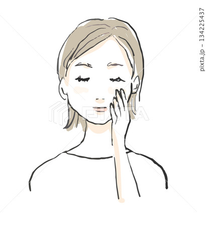 頬に片手をあてる女性のイラスト　洗顔、美容、マッサージ 134225437