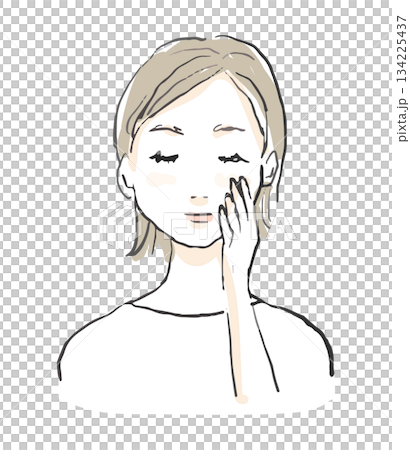 頬に片手をあてる女性のイラスト　洗顔、美容、マッサージ 134225437
