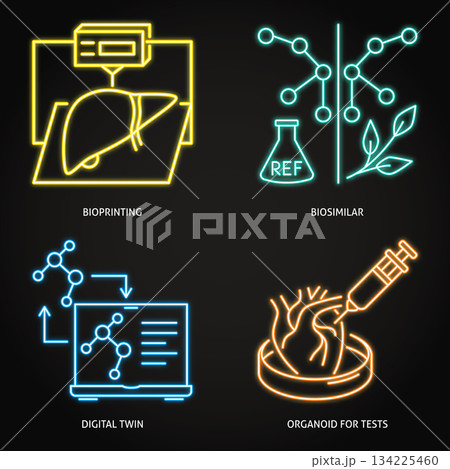 Innovative medicine techniques neon icon set Innovative medicine techniques neon icon set 134225460