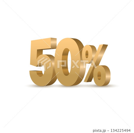 Golden 3D number 50 percent on white background. Shiny metallic poster template for sale discount, special offer, marketing, and work progress design. Vector illustration. Golden 3D number 50 percent on white background. Shiny metallic poster template for sale discount, special offer, marketing, and work progress design. Vector illustration. 134225494