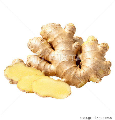 Fresh aromatic ginger root spice and raw slice. healthy natural ingredient for food on cutout background Fresh aromatic ginger root spice and raw slice. healthy natural ingredient for food on cutout background 134225600