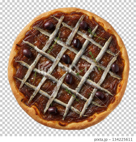 Savory traditional French pissaladiere with anchovy, caramelized onion, and black olive on bread dough base 134225611
