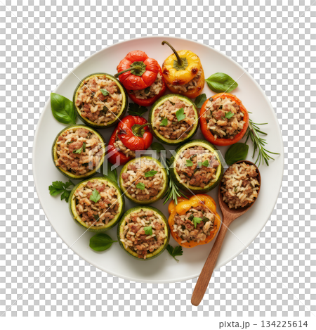 Delicious stuffed vegetable meal, Petits Farcis with zucchini and bell pepper. savory appetizer food for dinner 134225614