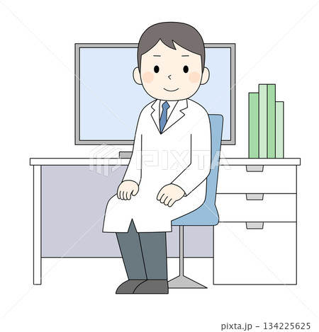 診察室・研究室の机の前に座る男性医師・研究者のイラスト（カラー） 134225625
