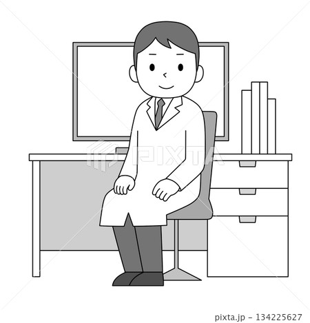 診察室・研究室の机の前に座る男性医師・研究者のイラスト（モノクロ） 134225627