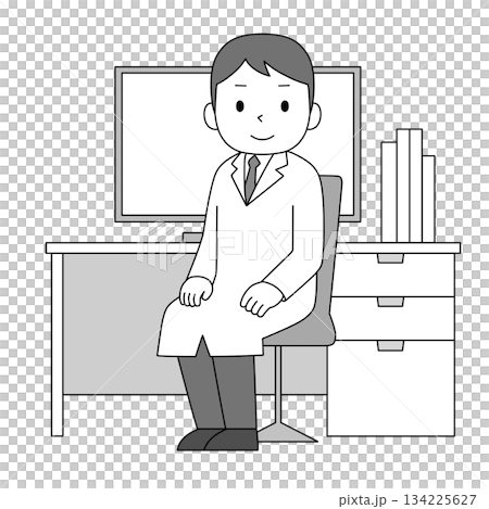 診察室・研究室の机の前に座る男性医師・研究者のイラスト（モノクロ） 134225627