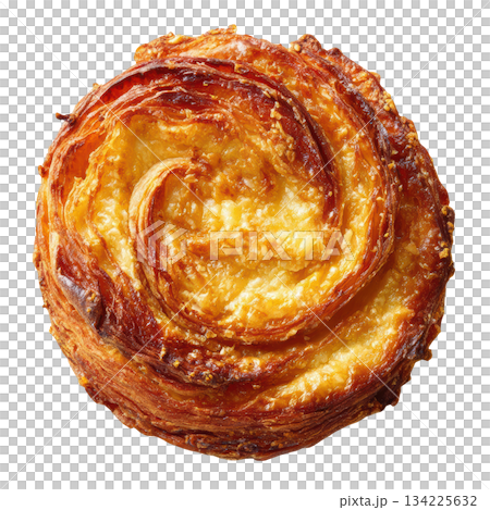 Delicious round Kouign Amann pastry, French butter cake with layered dough baked with caramelized sugar on top 134225632