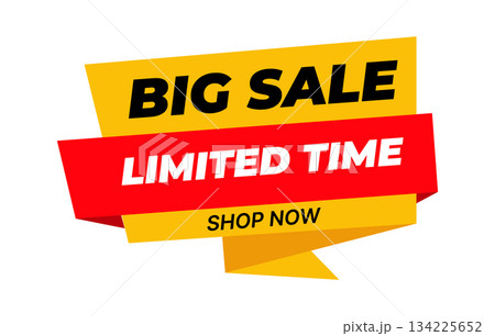 Big sale banner with Limited Time Shop Now text in bold modern vector design, perfect for online promotions, retail discounts, and digital advertising campaigns. 134225652