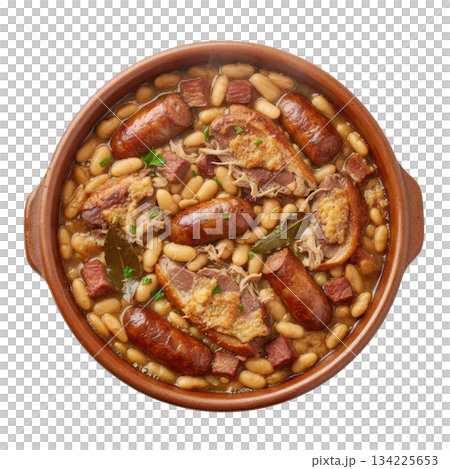 Hearty cassoulet slow cooked casserole with white bean, sausage and duck confit. comforting traditional meal Hearty cassoulet slow cooked casserole with white bean, sausage and duck confit. comforting traditional meal 134225653