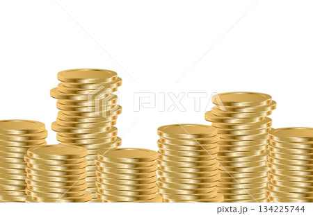 Realistic golden coins stacked in piles on a white background. Perfect for finance, gaming, or money-related projects, banners, and illustrations. 134225744