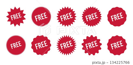 Set of red starburst FREE tags in vector style, designed as clean and modern icons for websites, interfaces, online stores, and digital marketing promotions Set of red starburst FREE tags in vector style, designed as clean and modern icons for websites, interfaces, online stores, and digital marketing promotions 134225766