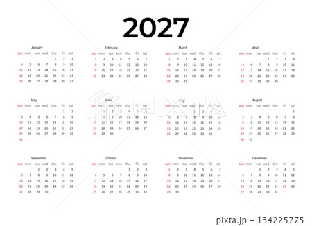 Minimalist 2027 desk calendar template, week starts on Sunday. Perfect for corporate stationery and business design. 134225775