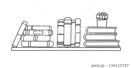 Hand drawn doodle books on the bookshelf isolated on white background. Sketch style vector illustration perfect for education, library, reading and study themes. 134225787